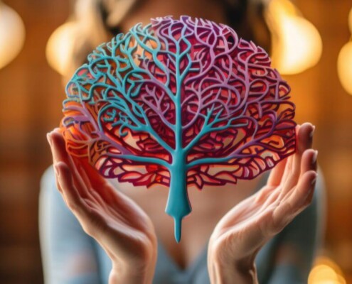 AI Generated image of a woman holding a colorful tree brain