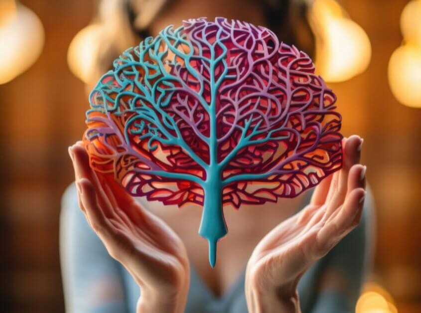 AI Generated image of a woman holding a colorful tree brain