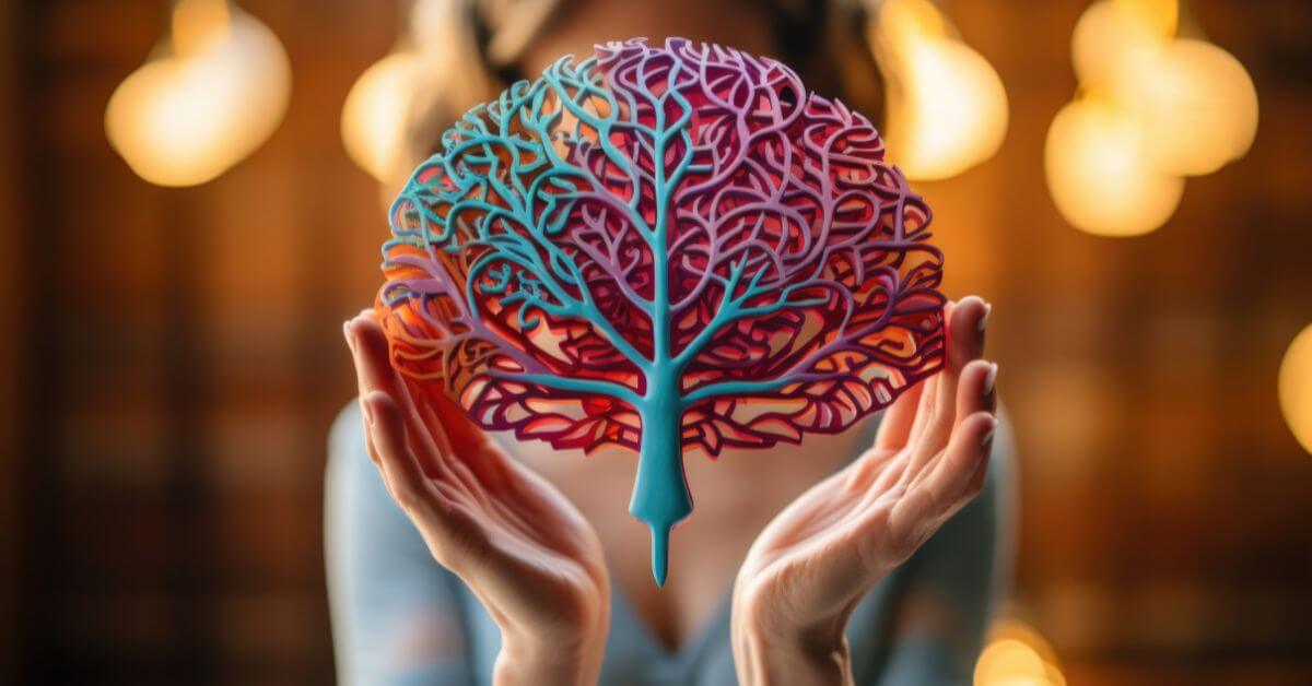 AI Generated image of a woman holding a colorful tree brain
