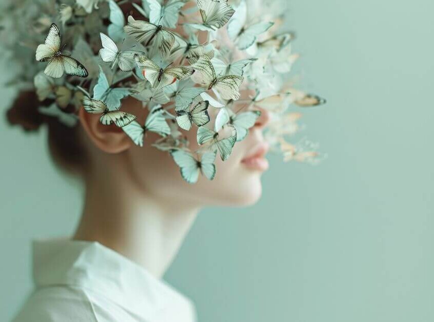 Woman surrounded by butterflies representing the uniqueness of neurodivergent individuals and creativity of autistic clients.