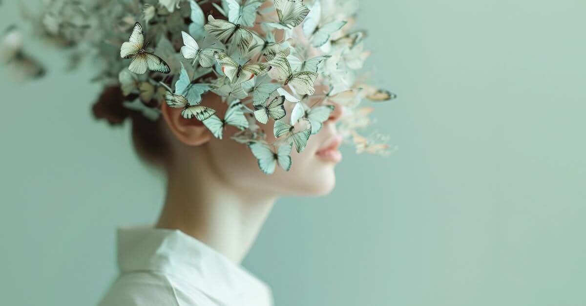 Woman surrounded by butterflies representing the uniqueness of neurodivergent individuals and creativity of autistic clients.