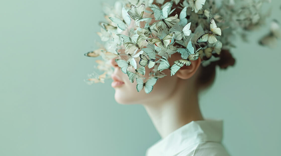 AI generated image of an attractive women surrounded by butterflies