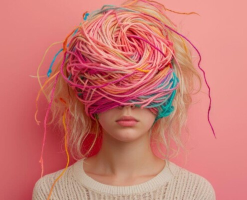 AI image of a woman with wool strands wrapped around her head and eyes