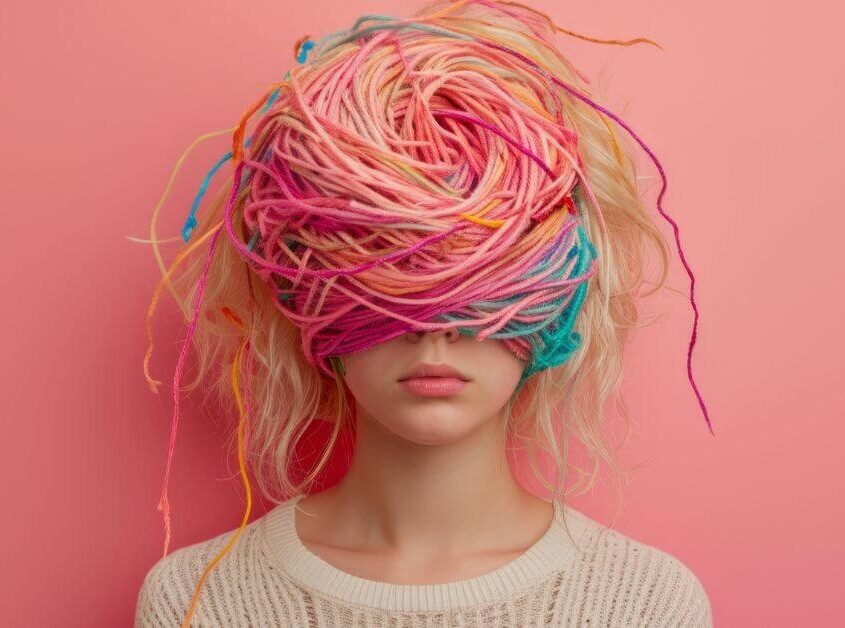 AI image of a woman with wool strands wrapped around her head and eyes